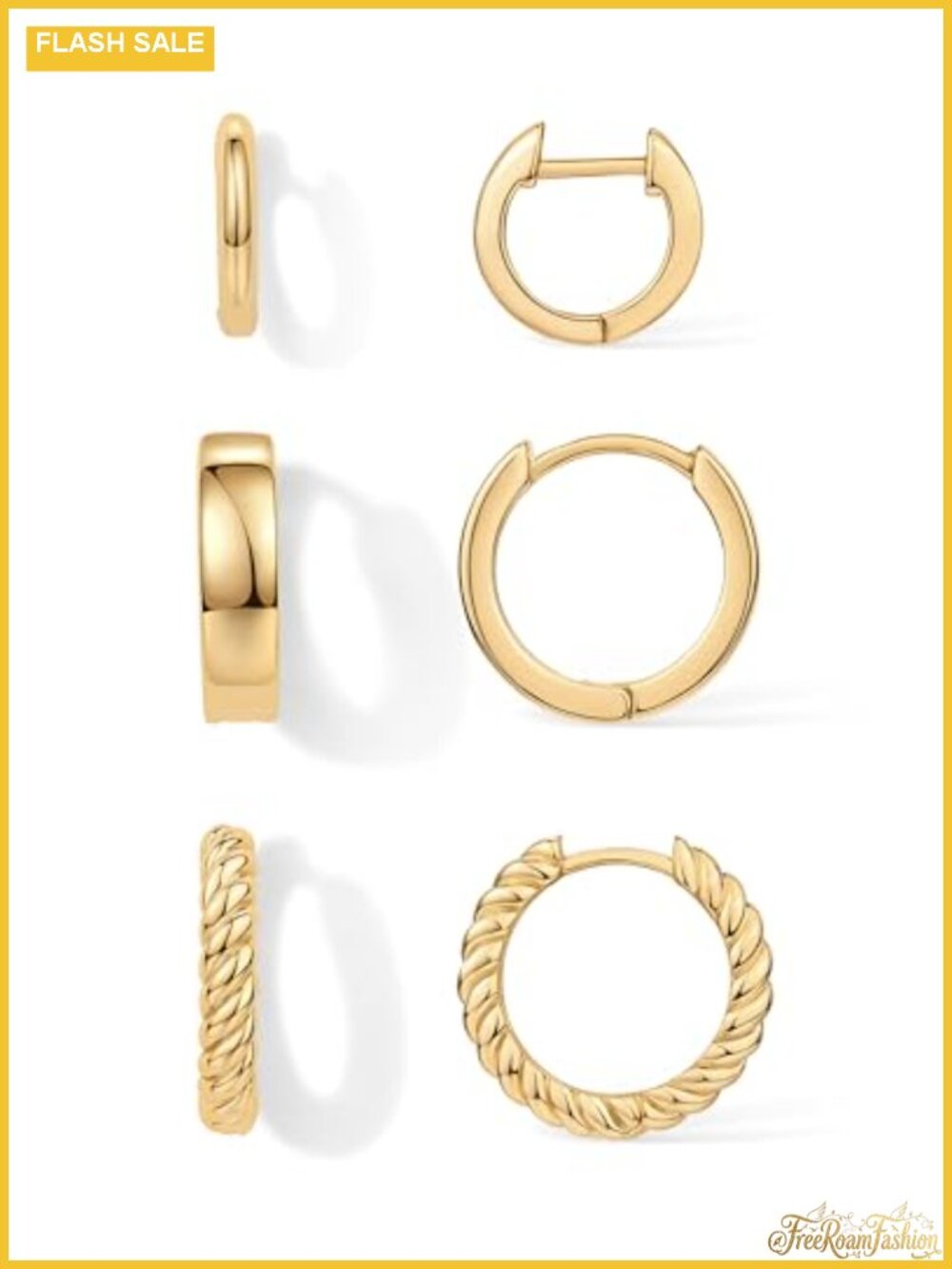 14K Yellow Gold Plated Hypoallergenic 3-Pair Small Huggie Hoop Earrings Set for
